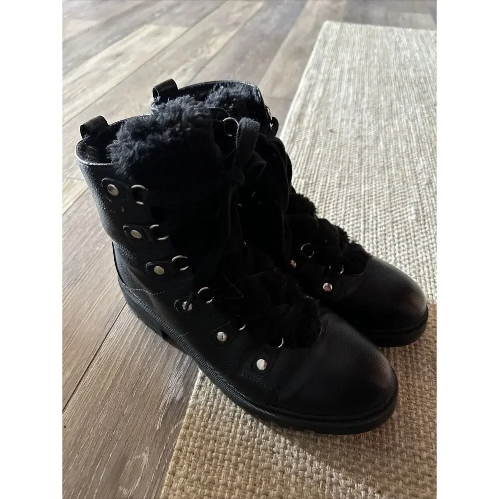NINE WEST Weaton Fur Shoes 9.5 Black Winter Hiker Lace Up Combat Boots